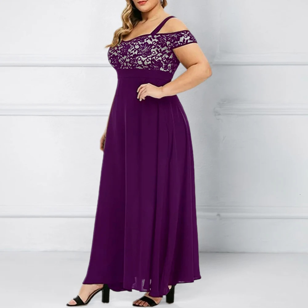 Plus Size Women Elegant Lace Off Shoulder Bandeau Chiffon Maxi ALine Dress Ladies Evening Party Cocktail Ball Gown 1XL6XL 250724