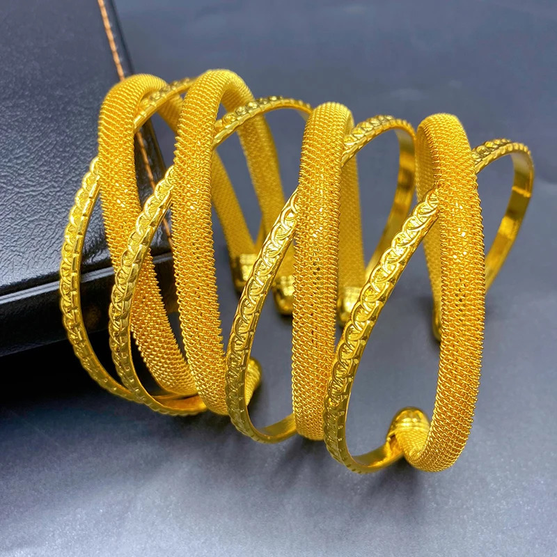 Dubai Indian Gold Color Cuff Bangles For Women 24K Gold Plated African Bracelets Charm Wedding Ethiopian Hand Jewelry 250805