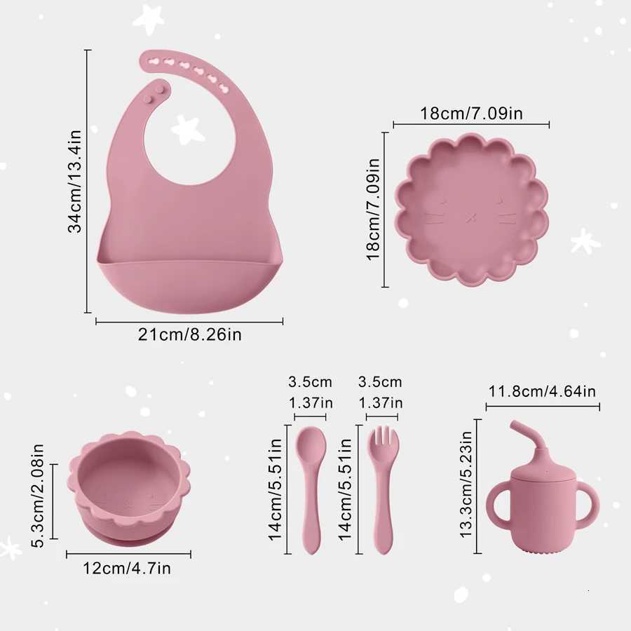 Color Kids Baby Feeding Set Solid Color Utensils Waterproof Bib Cartoon Lion Shape Sucker Dishes Plate Feeding Bowl Spoon Cup X250806