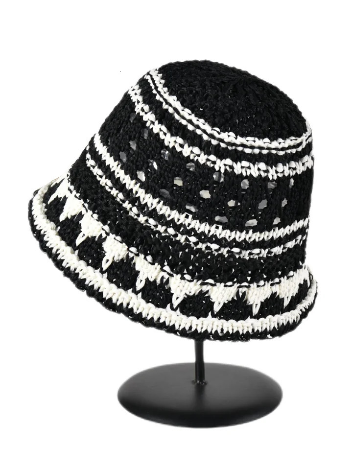 2025 Summer Striped Solid Hollow out Bowl Hats for Womens Casual Korean Foldable Sun Hat Bucket Hat Panama Travel Cap 250805