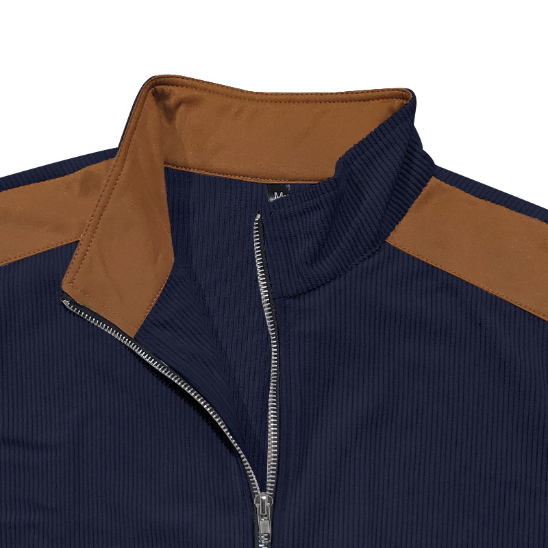 Men's heavyweight coat jacket men's casual stand-up collar long-sleeved shirt with color-blocking and patchwork European cotton fleece zippe