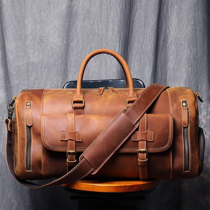 MUNUKI Vintage Crazy Horse Genuine Travel Lage men Leather duffle bag Large Weekend Bag Tote Big high-quality