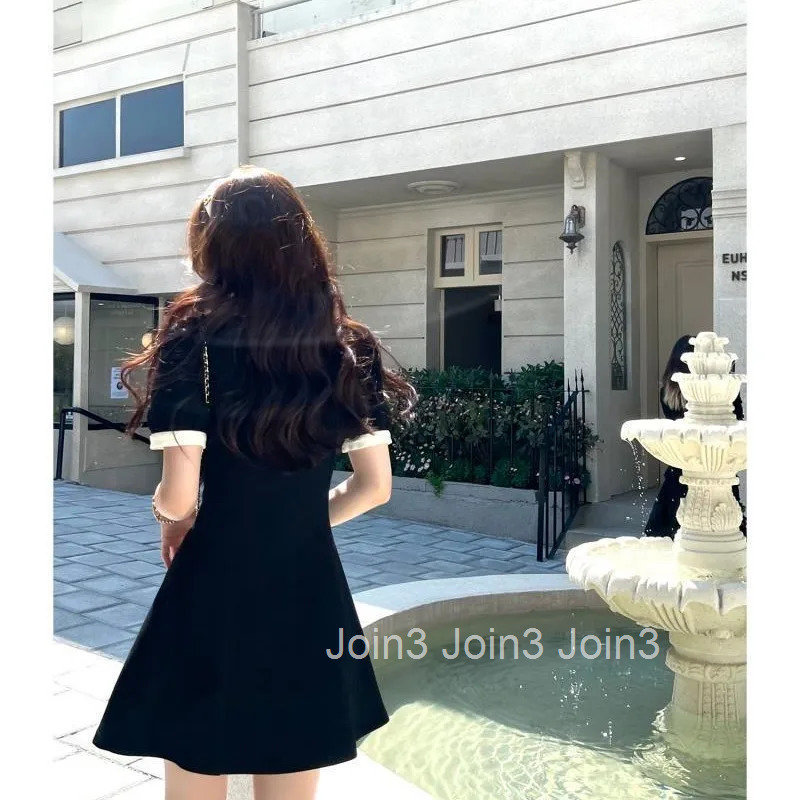 Sweet Japanese Style Small Fragrance Summer New Dresses Women Polo Collar Patchwork Button Bow Short Sleeves Slim Midi Dress