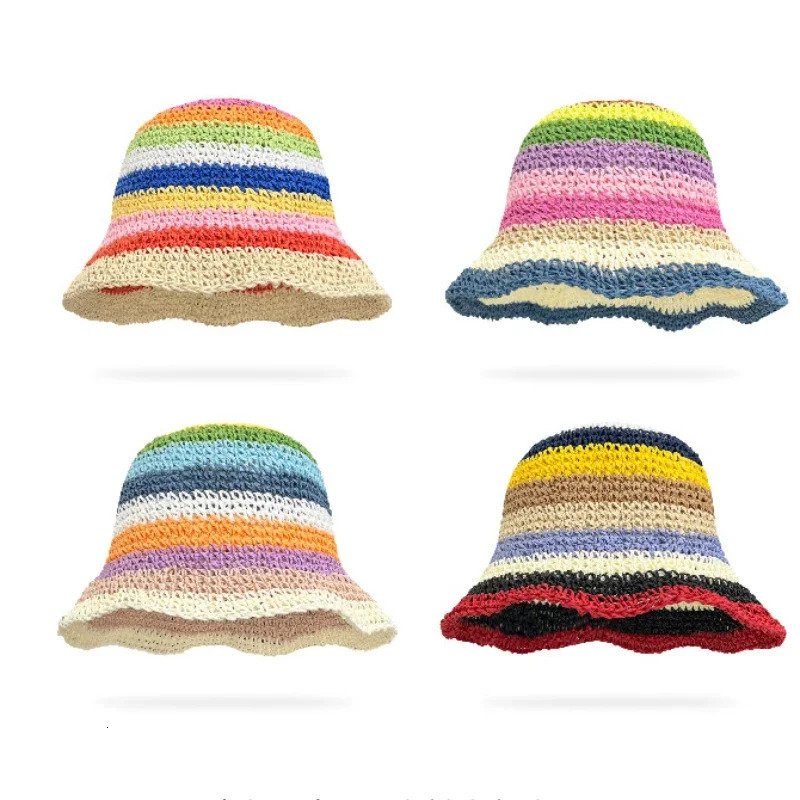 Sun Hat Womens Summer Sun Protection UV Protection 2024 Beach Vacation Fisherman Hat Rainbow Colorful Striped Basin Hat 250805