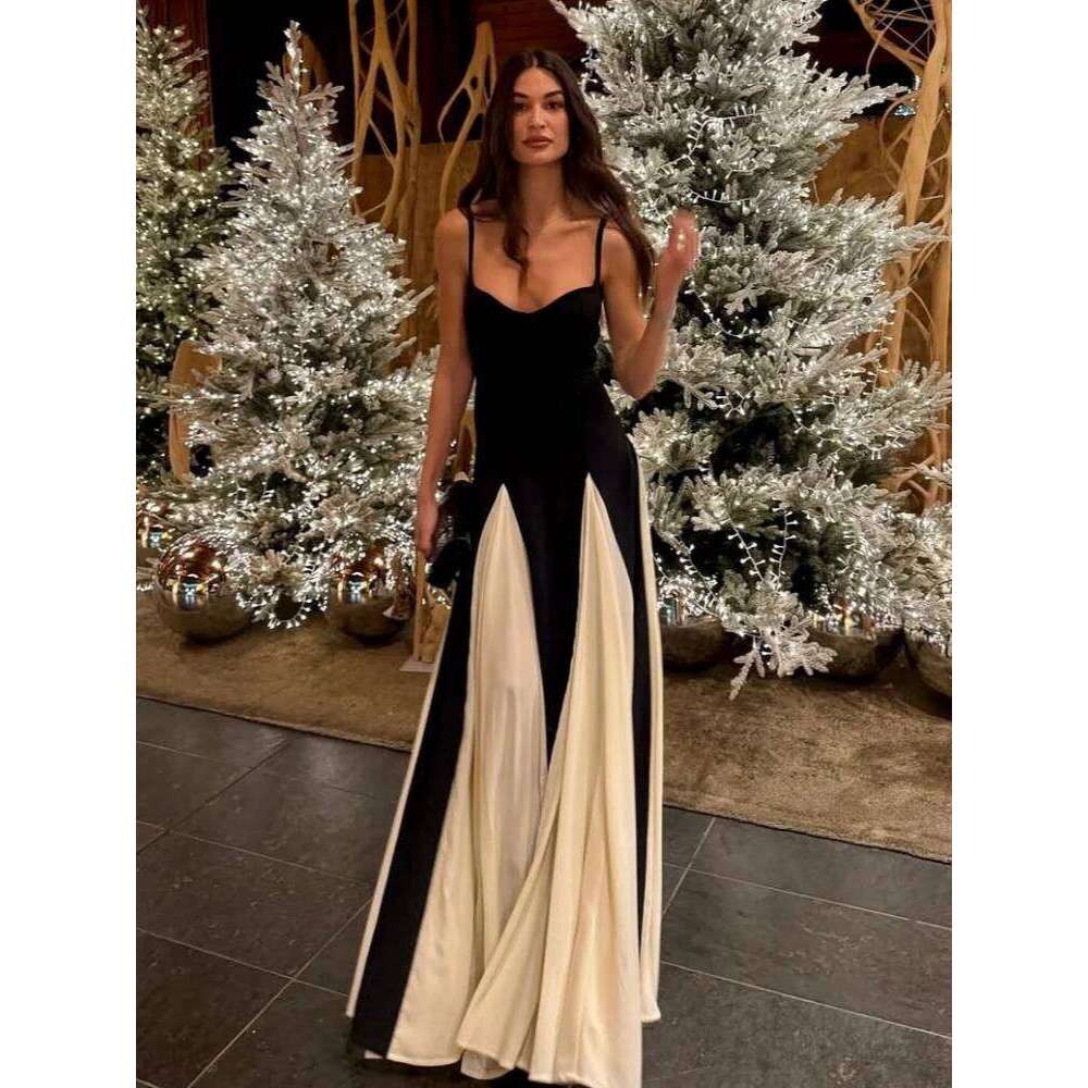 Designer Clothing 2025 Fashion Contrast Patchwork Pleated Sling Dress Elegant Backless Sleeveless Women High Waist Vestdio New Lady Slim Fit Party Gow