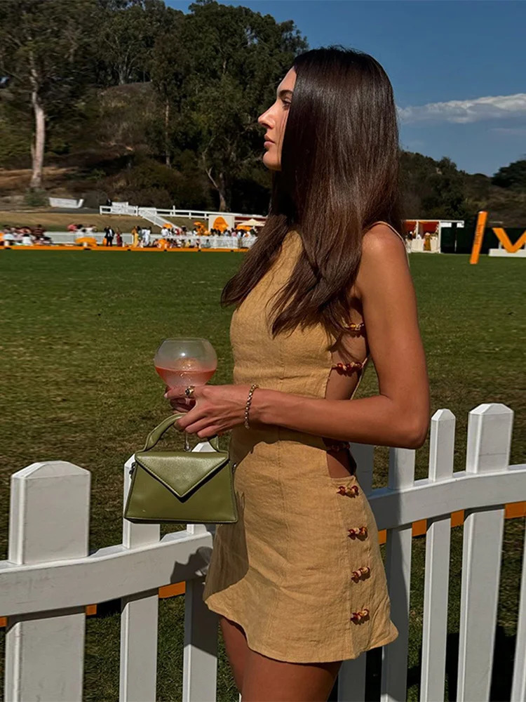 2025 Chic Side Hollow Bead Mini Dress Women Sexy Solid Sleeveless O-neck Slim Party Dresses Lady Retro Casual Streetwear 250804