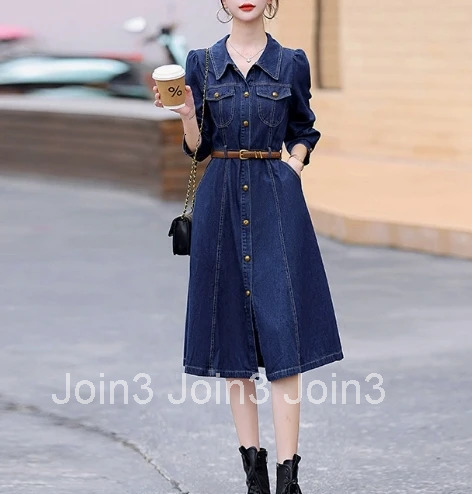 Elegant Polo-neck Vintage Long Sleeve Chic Single Breasted Slim Sashes Cowboy Dresses Korean Office High Street Autumn Clothing