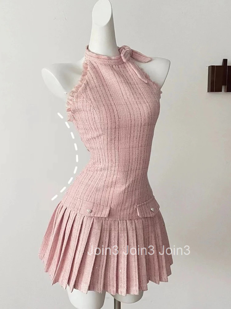 Elegant French Small Fragrant Halter Dress Frocks Robe Tide Patchwork Bow Slim Girl Sweet Fashion A-Line Mini Dress