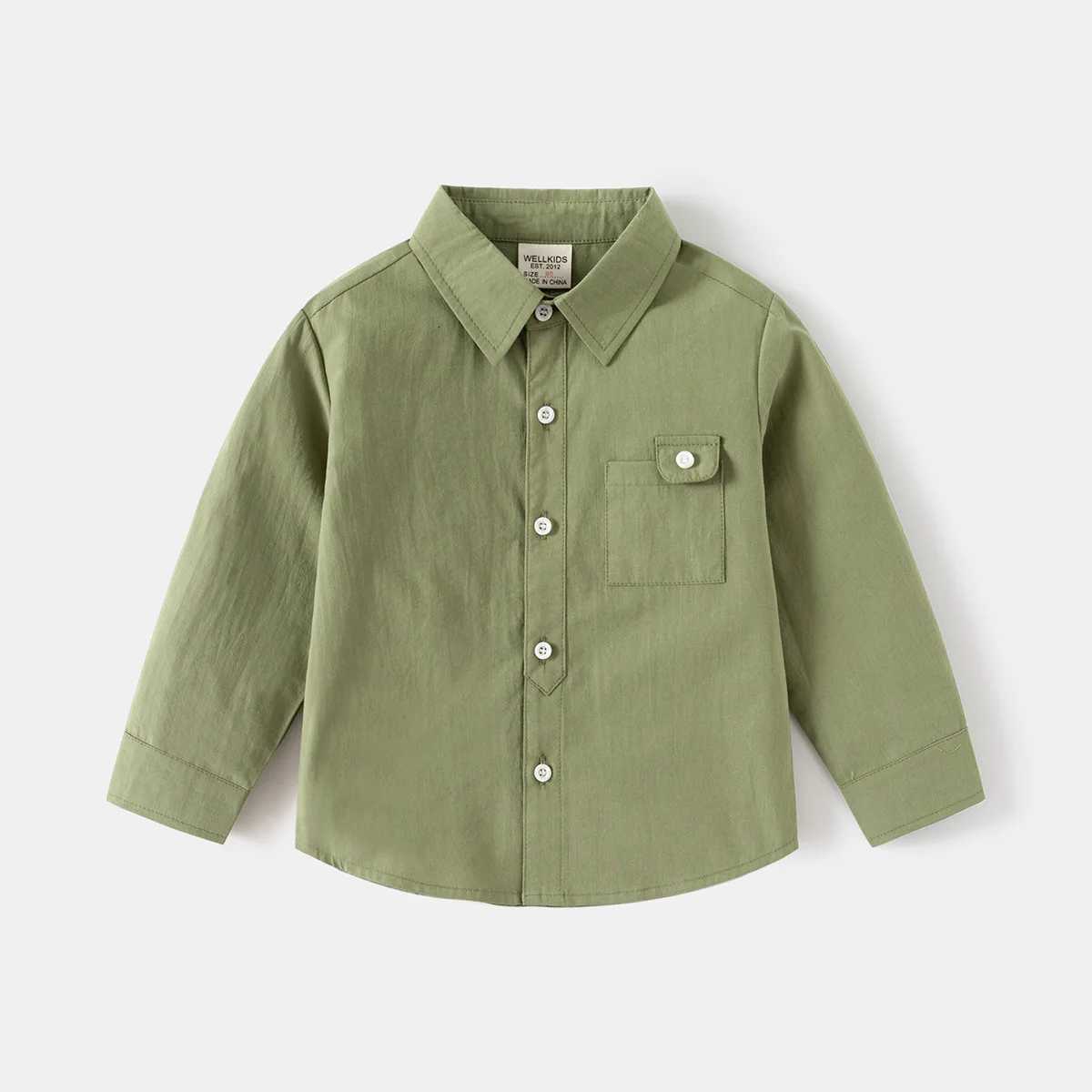 2025 Spring Autumn New 2 3 4 5 6 7 8 Years Handsome Solid Color Cotton Turn Down Collar Long Sleeve Pocket Baby Kids Boys Shirt X250806