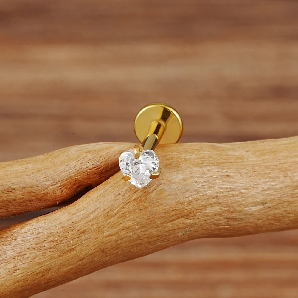 Right Grand ASTM 36 16G Heart CZ Internally Threaded Flat Back Labret Cartilage Tragus Helix Nose Stud Piercing 250805