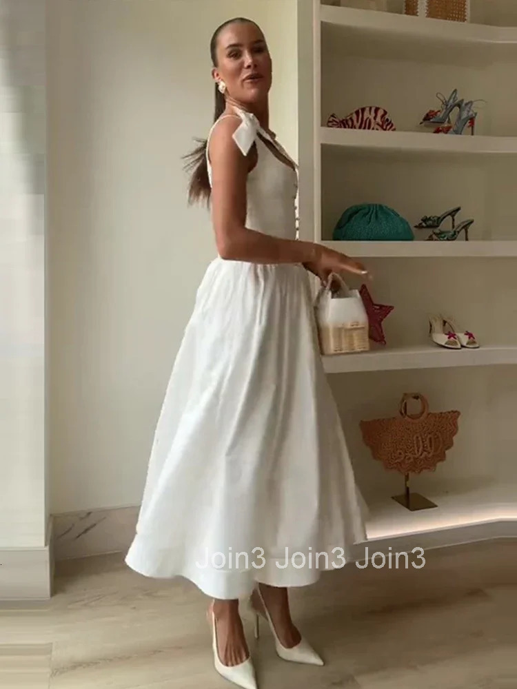 Fashion Woman Solid Bow A-line Dresses Ankle-length Sleeveless Backless Elegant Robes S Evening Party Bandage Slim Vestido