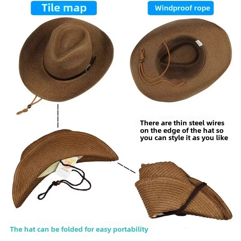 Foldable Jazz Straw Hat for Men and Women Summer Beach Strap Sunscreen Outdoor Sports Sun Hat Big Brim Woven Straw Hat 250805