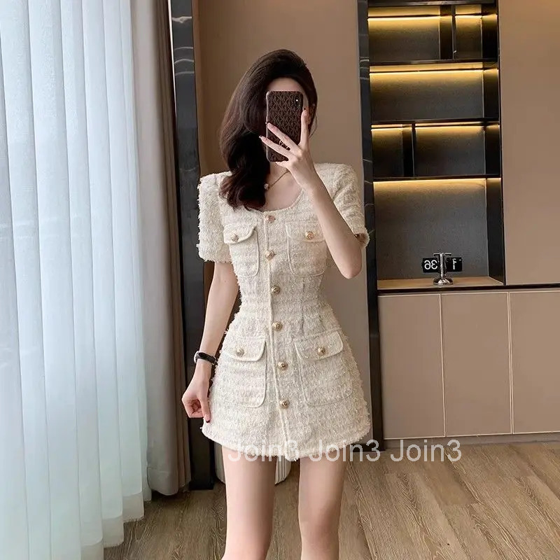 Tweed Vestidos Single Breasted A-line Dress Women Elegant Sweet Waisted Slim Pocket Dress Summer Celebrity Banquet Chic Clothing