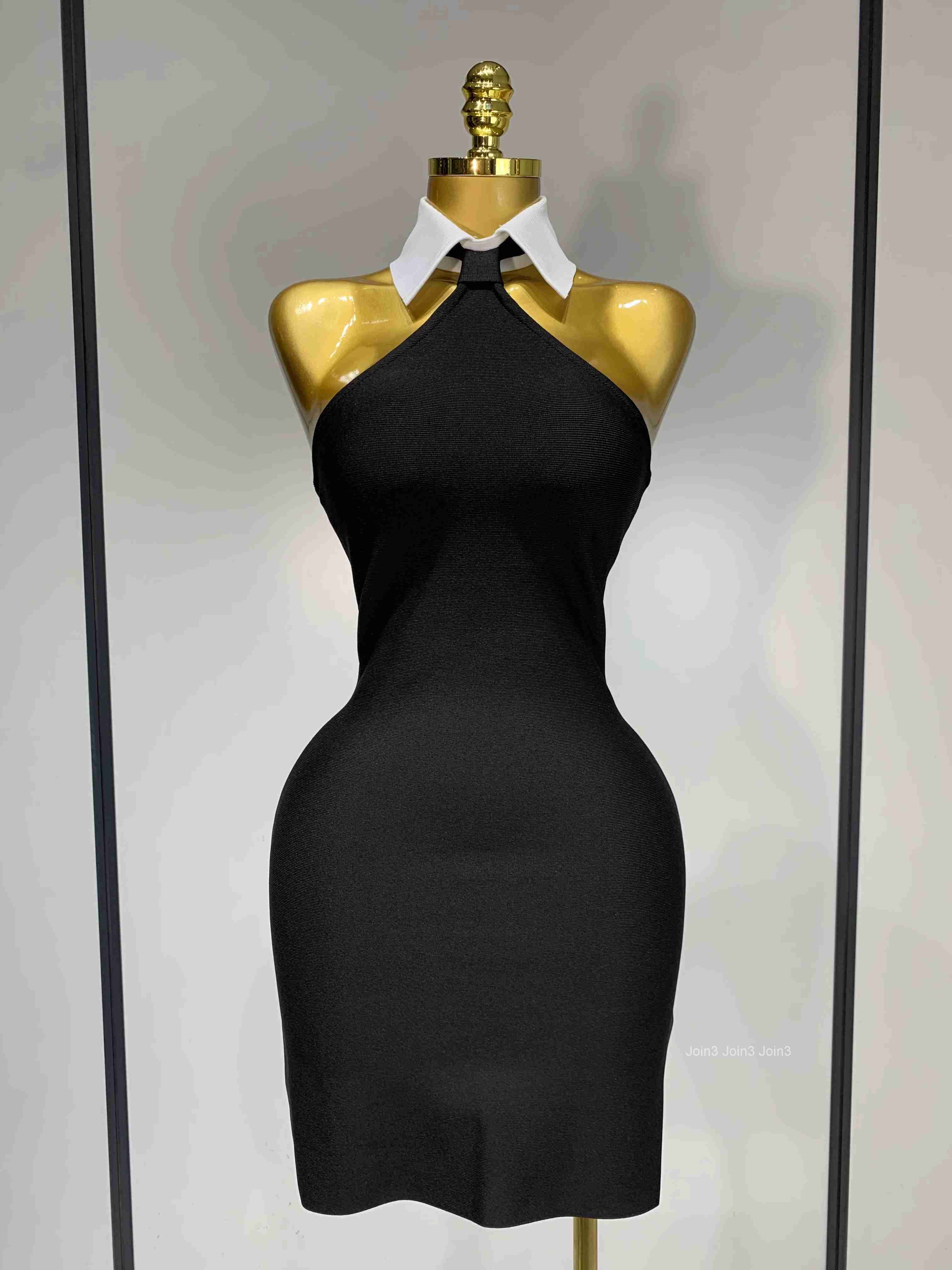 Women Sexy Backless White Shirt Collar Black Mini Bodycon Bandage Dress Elegant Evening Club Party Luxury Birthday Dresses