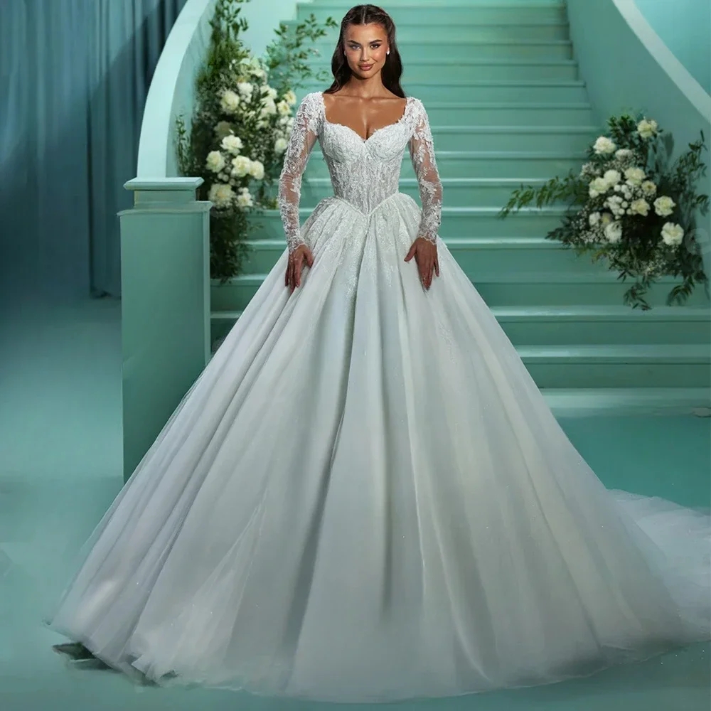 2025 Modern Classic Wedding Dresses Sweetheart Long Sleeve Appliques Lace A Line Tulle Church Bride Bridal Formal Grown Vestidos De Noiva