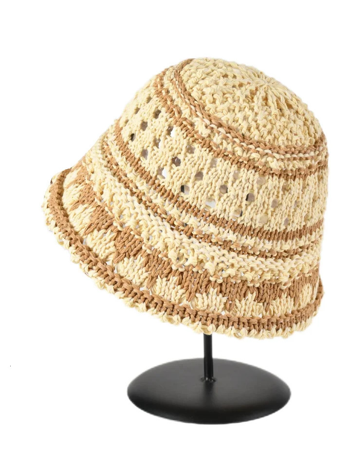 2025 Summer Striped Solid Hollow out Bowl Hats for Womens Casual Korean Foldable Sun Hat Bucket Hat Panama Travel Cap 250805