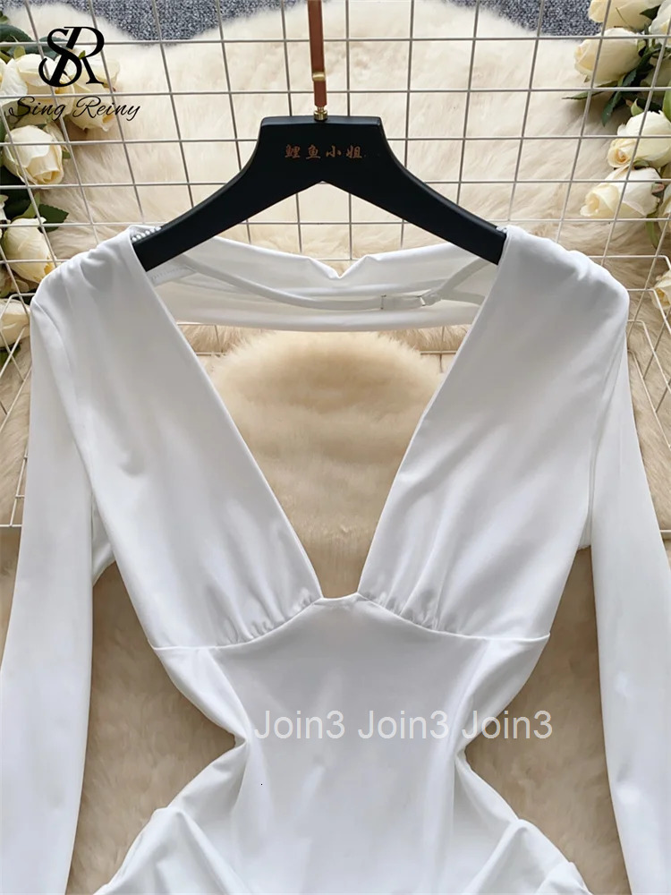 American Senior Sexy Dress Deep V Neck Long Sleeves Backless Chic Fashion Female Hotsweet Short Bodycon Dress