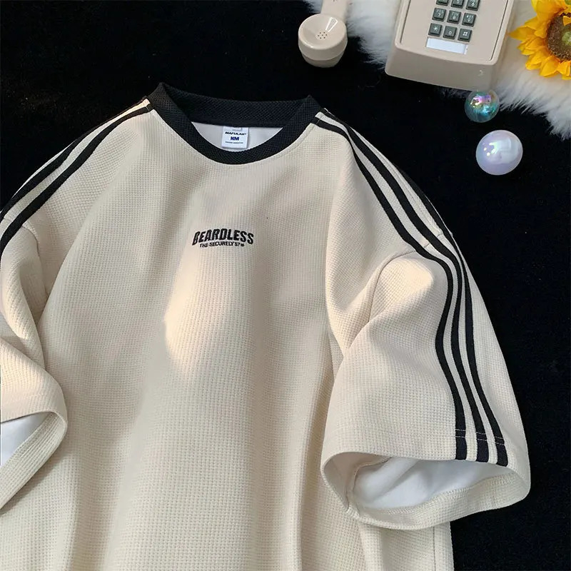 Waffle t-shirt mens summer loose casual striped sports top small neckline simple short sleeve t-shirt top 250806
