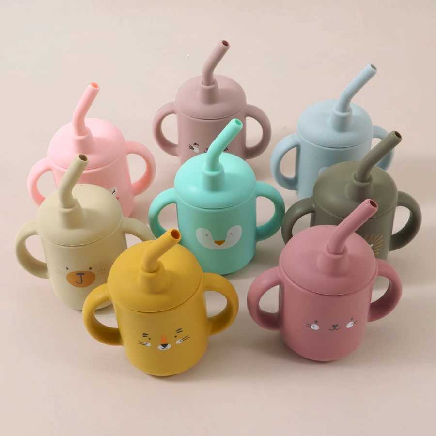 Portable Baby Feeding Bottle Cup Silicone Sippy Cups Children Leakproof Drinking Cups Cartoon Pattern Infant Straw Drinkware X250806