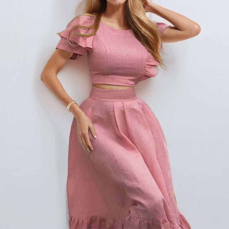 New Women's Solid Color Flutter Sleeve Short Top And Skirt Fashion Two-Piece Set For Women B5