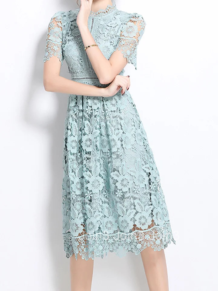 HAM Elegant Lace Hollow Out Midi Dresses Womens Summer O Neck Short Sleeve Casual Long Dress Party Vestidos