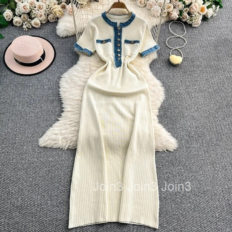 Womens Denim Patchwork Knitted Long Dress Tight French Short Sleeve Dress Fashionable Casual Style Maxi Dress from Mainland Chi