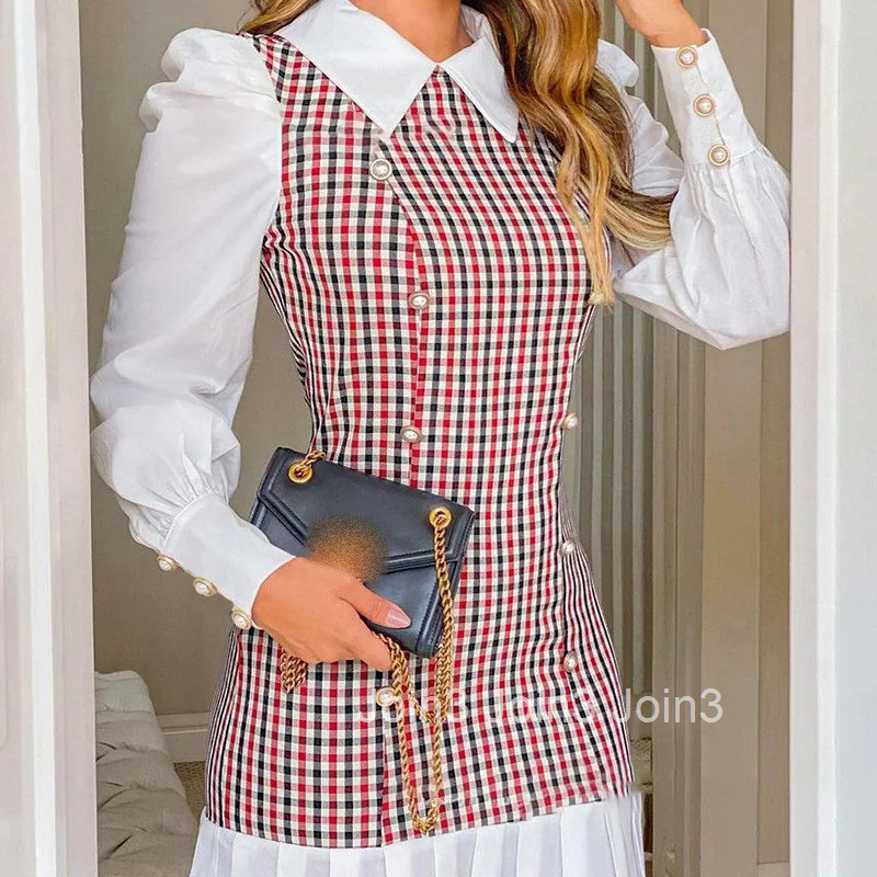 Womens Dresses Spring Fashion Houndstooth Button Decor Puff Sleeve Ruffle Hem Elegant Turn-Down Collar Daily A Line Dress