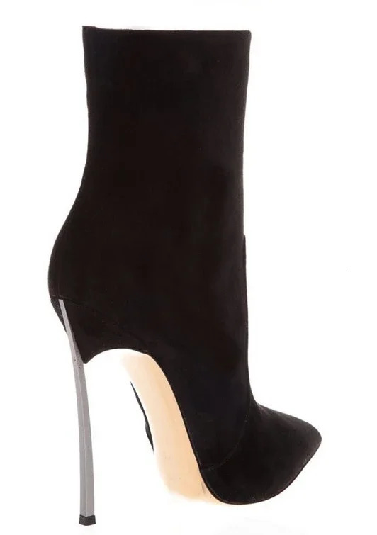 Women Black Real Leather Pointy Toe Boots Sexy Zipper Buckle Suede Super Stiletto High Heel Booties Ladies Gladiator Shoes 250805