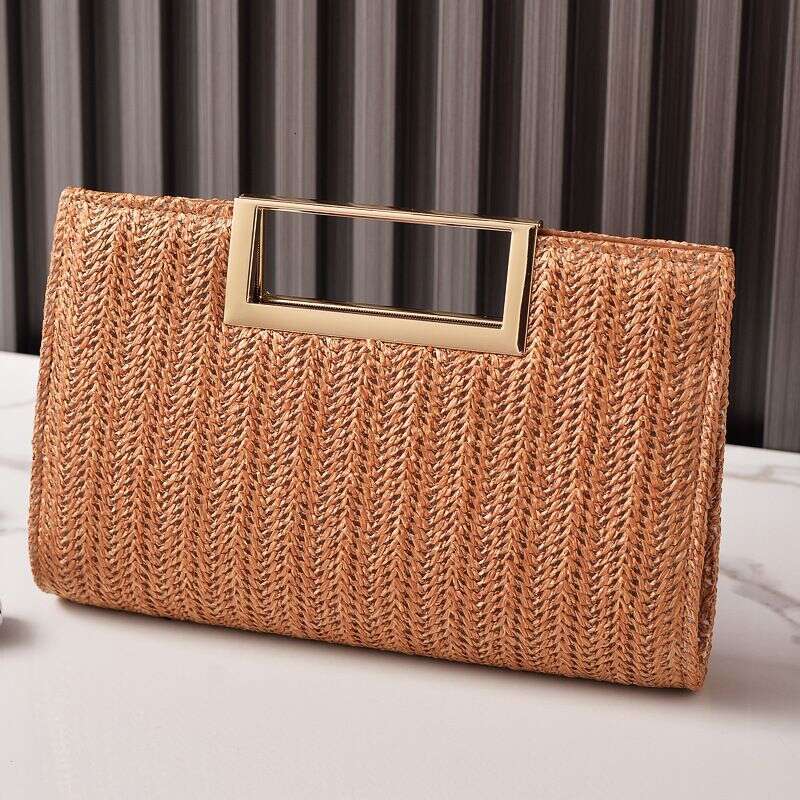 2025 New High-End Straw Woven With Square Buckle Hardware Clutch Simple Evening Solid Color Bag