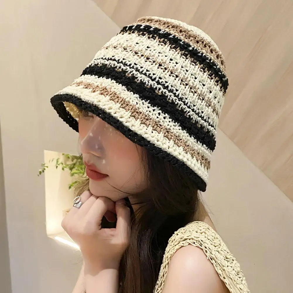 Japanese Style Woven Striped Fisherman Hat Retro Hollowed Hat Versatile Summer Breathable Sun Protection Foldable Beach Hats 250805