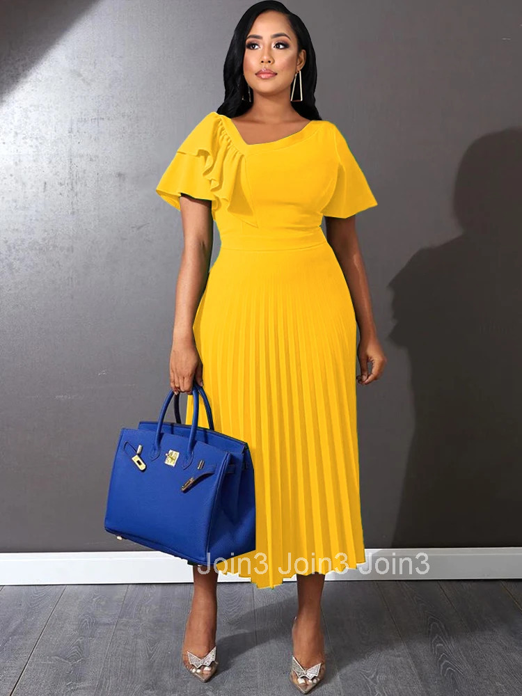 Women Pleated Midi Dresses Short Sleeve Ruffles Elegant Green Yellow A Line Spring Summer Chic Fashion Gown Party Birthday Robes