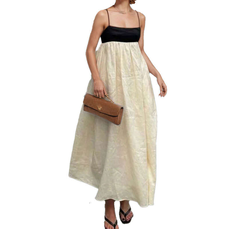 Spring New Women's Fashion Elegant Black And White Contrast Long Sexy Backless Strap Dress B5