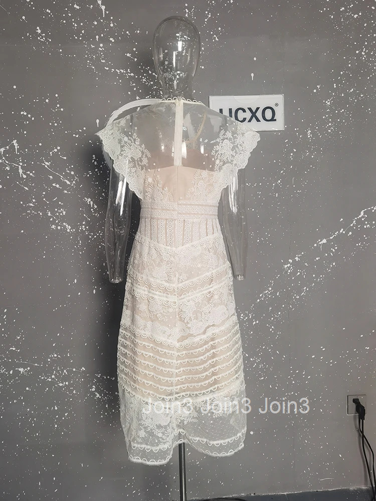 Elegant Style Lace Embroidery Patchwork Dress Apricot Fashion Hollow Out Mid Length Dresses Women Spring Summer 3A7897