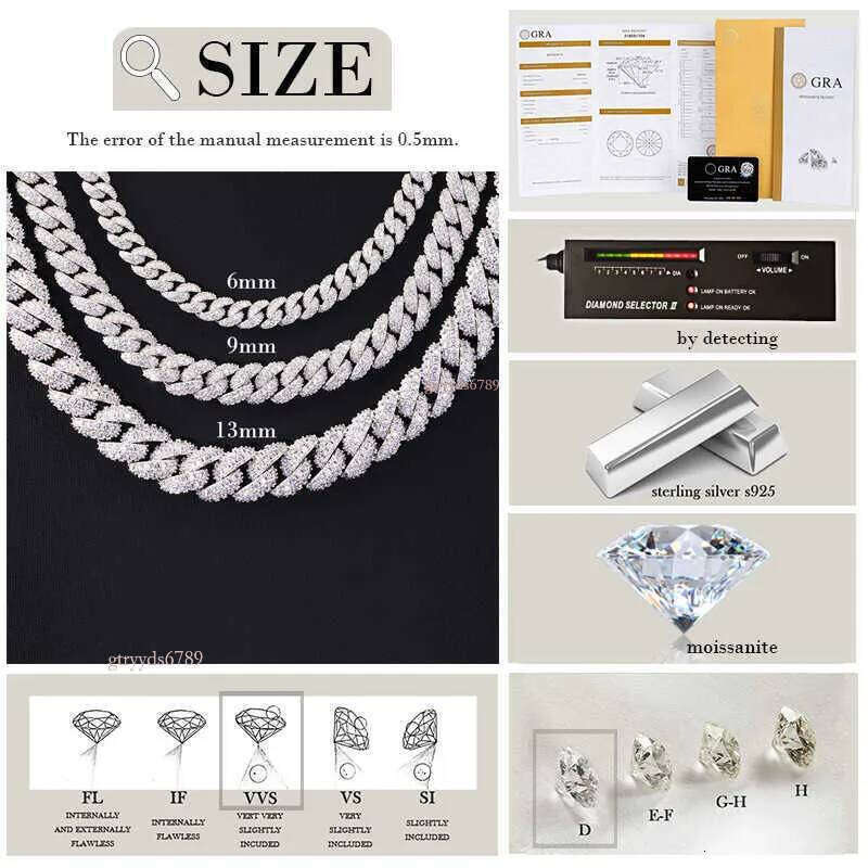 Full Ice out 2rows 6mm 9mm 13mm Solid Sier Moissanite Cuban Link Chain Mans Hip Hop Necklace