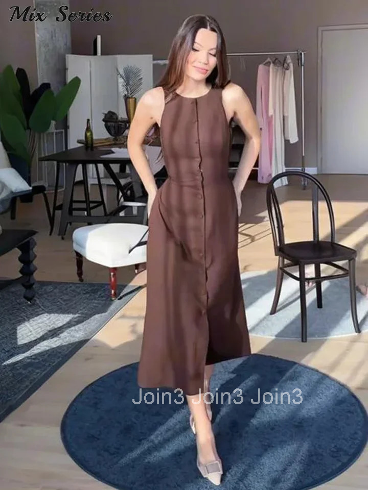 Elegant Sleeveless Long Dress Womens Slim Solid O-neck Single Breasted A-Line Dresses Summer New Ladies Fashion Robes