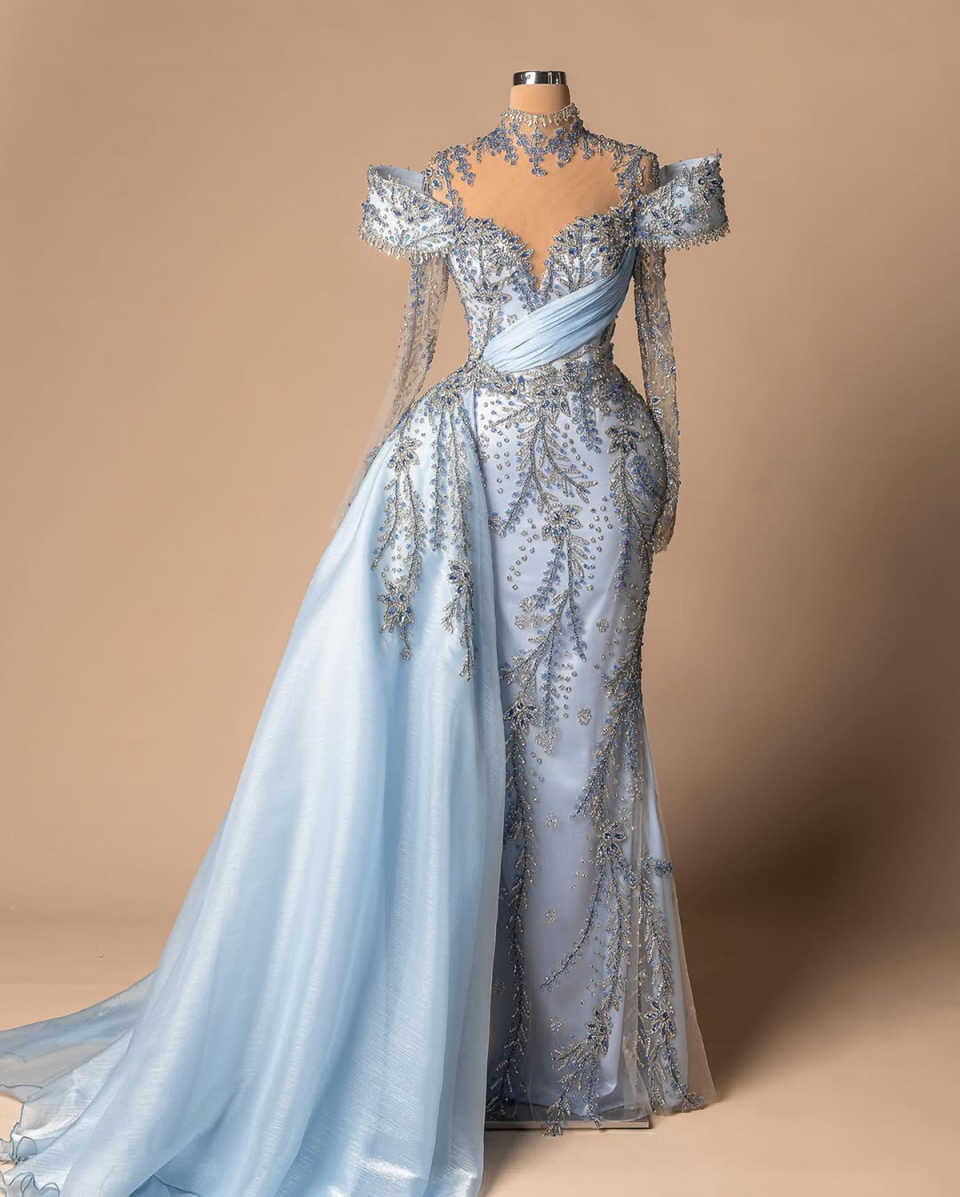 Gorgeous Mermaid Evening Dresses Crystal Beading Long Sleeve Prom Dresses Side Tail High Neck Evening Party Customized