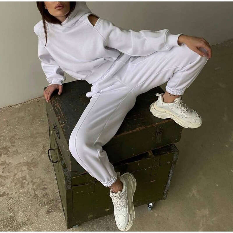 Spring Summer Fashion Versatile Sleeve Fleece Sweatshirt Elastic Waistband Long Pants Simple Style Sports Set B5