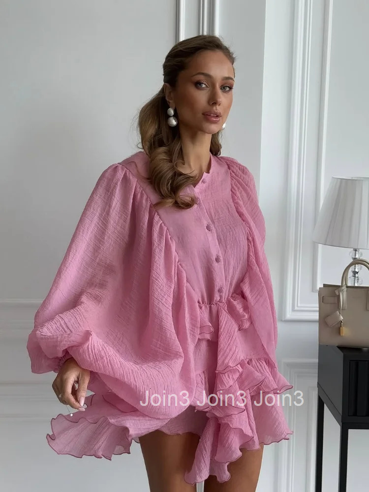 Elegant Ruffles Single Breasted Ruffles Mini Dress Women Chic Flared Sleeve High Waist O-neck Vestidos Lady Party Gowns New