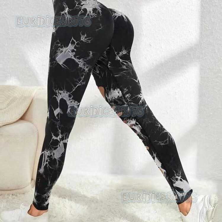 Seamless Tie-dye Hollow Out Ripped High-waisted Tight-fitting Hip-lifting Quick-dry Training Fitness Pants Sports Long Pants for Women H250806