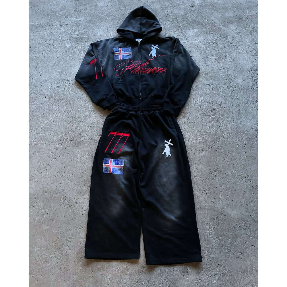 Printed Zipper Hoodie Sweatshirt Street Loose Versatile Sweatpants Casual Fashionable Sports Set