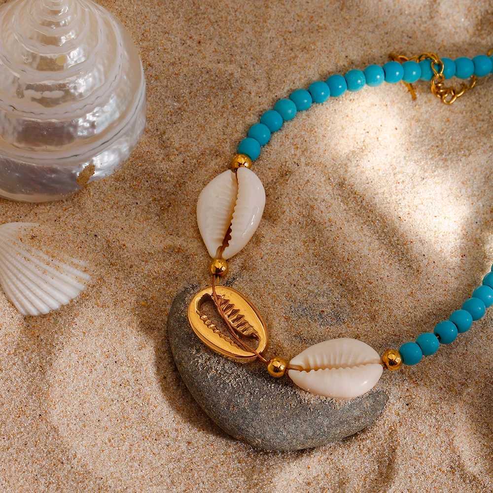 Zora Womens Versatile Beaded Shell Decoration Anklet Blue White Color 18K Gold-plated Stainless Steel Womens Fashion Jewelry Y250805