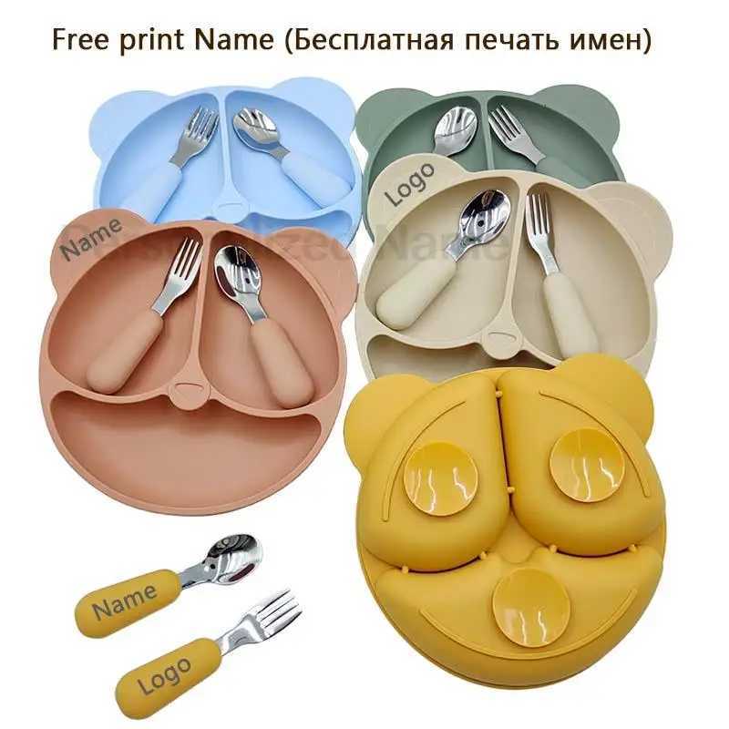 Baby Silicone Sucker Bowl Childrens Dishes Bear Face Plate Kids Tableware Set Personalized Name Feeding Plates BPA Free X250806
