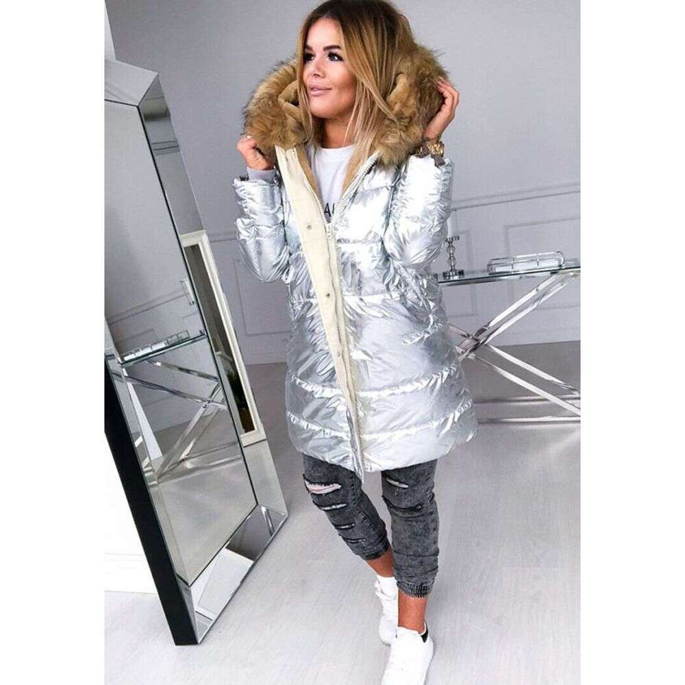 Clothing Women's Fashionable Glossy Zipper Slim Fit Large Fur Collar Cotton Coat