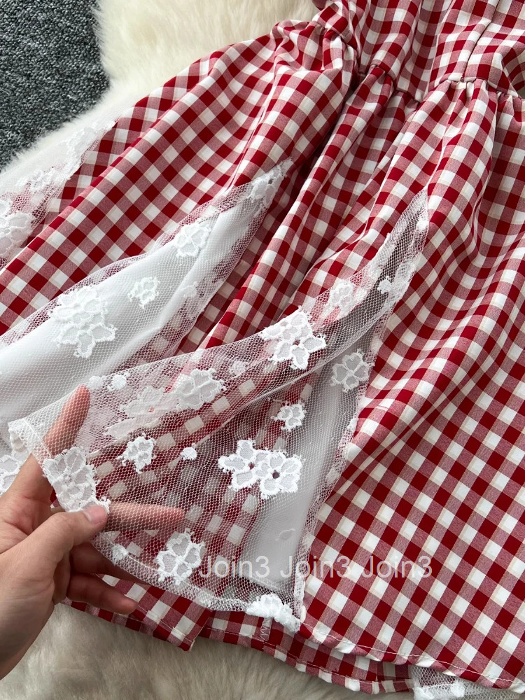 France Elegant Sweet Mori Girl Style Short Dress Women Lace Bow Plaid Party Dress Female Casual Chic Cute Clothing Summer New