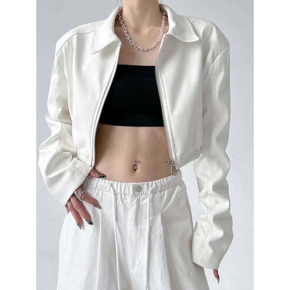 Jackets PU Leather Women Black Lapel Long Sleeve Crop Coats American Retro Streetwear Zipper Fashion Casual Female Outerwear