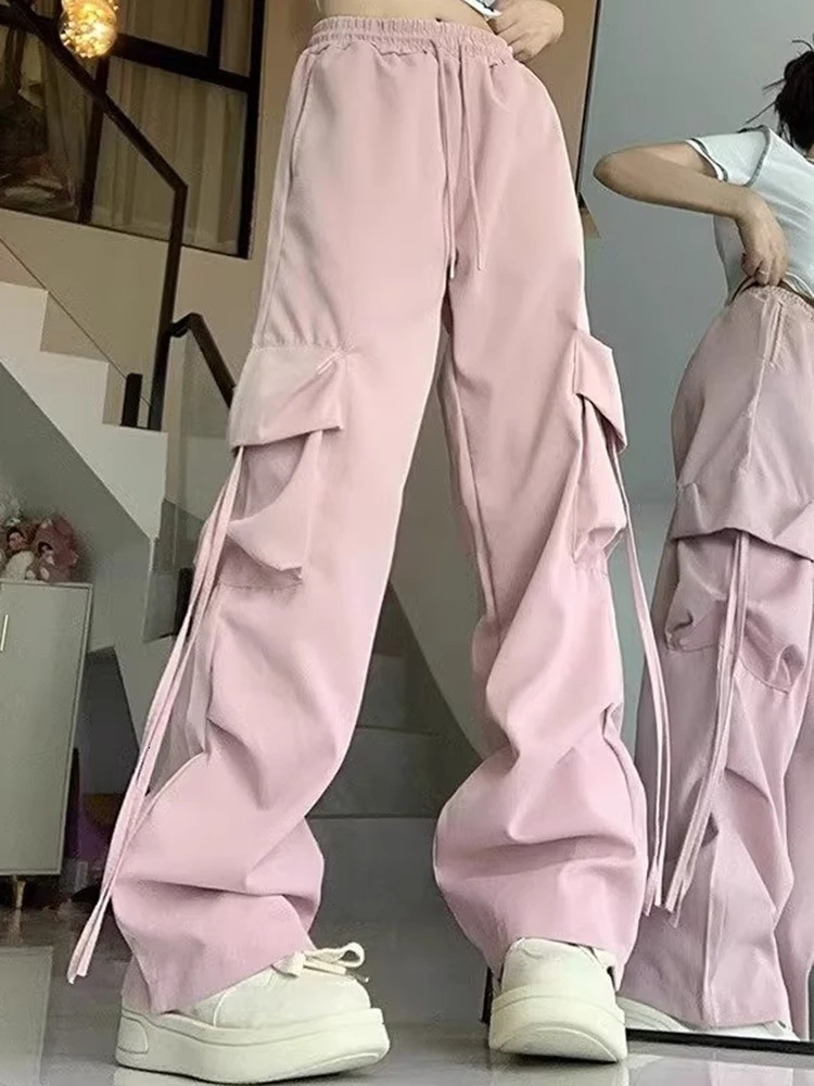 Women Korean High Waisted Slacks Lady Japanese 2000s Style Y2k Lace Up Cargo Trousers Female Yellow Pink Blue Black Joggers 250806