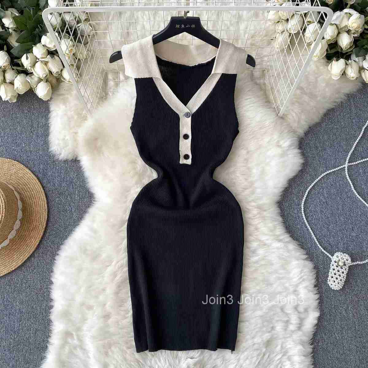 Patchwork Tank Summer Knit Elegant Dress Women Turn Down Collar Elatic Waist Bodycon Sundress Female Short Mini Dress