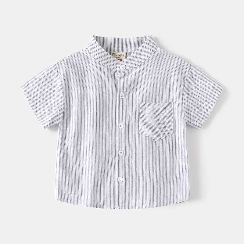 2025 Summer Children Striped Shirt Boys V-neck Short-sleeved Shirt Korean Version Style Baby Cotton Casual Top X250806
