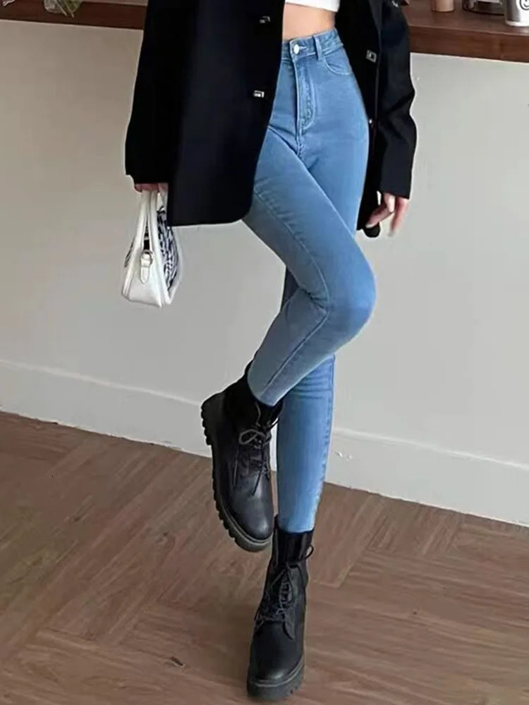 Women Skinny Stretch Pencil Jeans Vintage Oversize 100kg High Waist Denim Pants Spring Fall Korean Fashion Casual Kot Pantolon 250806