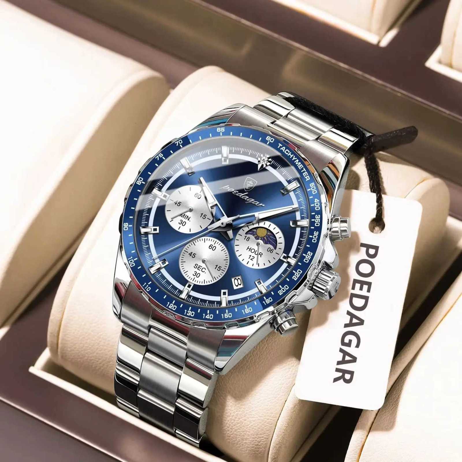 POEDAGAR Fashion Mens Wrist Chronograph Date Waterproof Luminous Mens Stainless Steel Luxury Quartz Mens Watch W250806